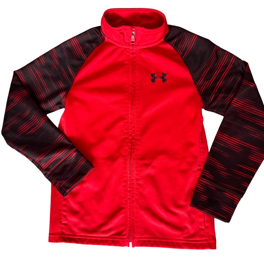 Under Armour Full Zip Track Jacket Boys Size 7 Raglan Sleeve Red/Black Pockets